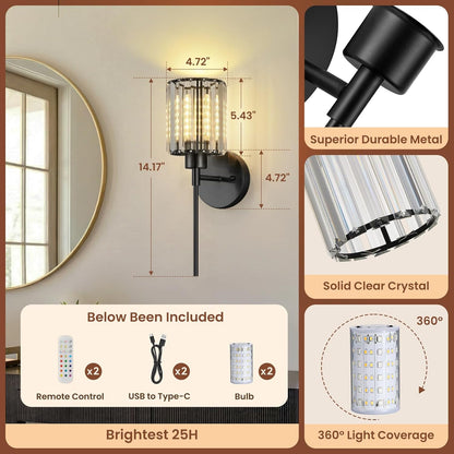 Crystal Battery Operated Wall Sconces, Brushed Gold Rechargeable Wireless Wall Sconce Lights with Dimmable Bulbs and Remote, 12 Colors and 3CCT Dimmable Crystal Lamps for Living Bedroom, 3000~6000K