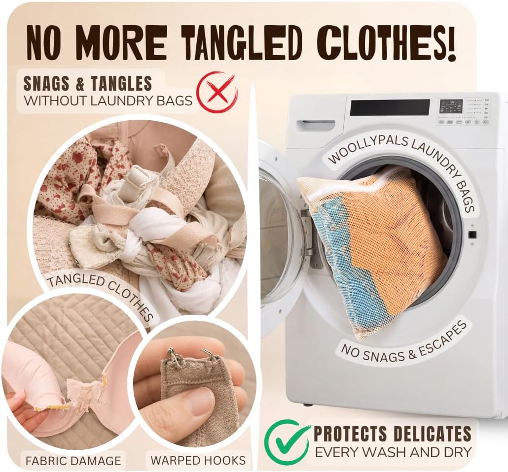 WoollyPals Large Cotton Mesh Laundry Bags (16" x 20") – 2-Pack with Drawstring Storage Pouch – Washer & Dryer Safe, Durable Zipper, Breathable Mesh for Clothes, Delicates, Underwear, Shoes & Lingerie