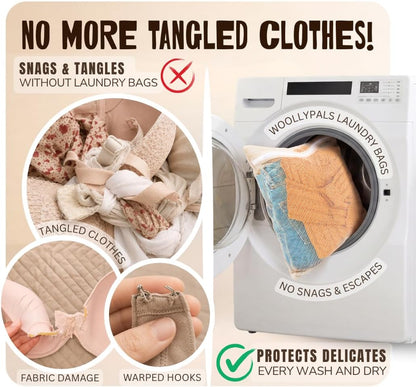 WoollyPals Large Cotton Mesh Laundry Bags (16" x 20") – 2-Pack with Drawstring Storage Pouch – Washer & Dryer Safe, Durable Zipper, Breathable Mesh for Clothes, Delicates, Underwear, Shoes & Lingerie