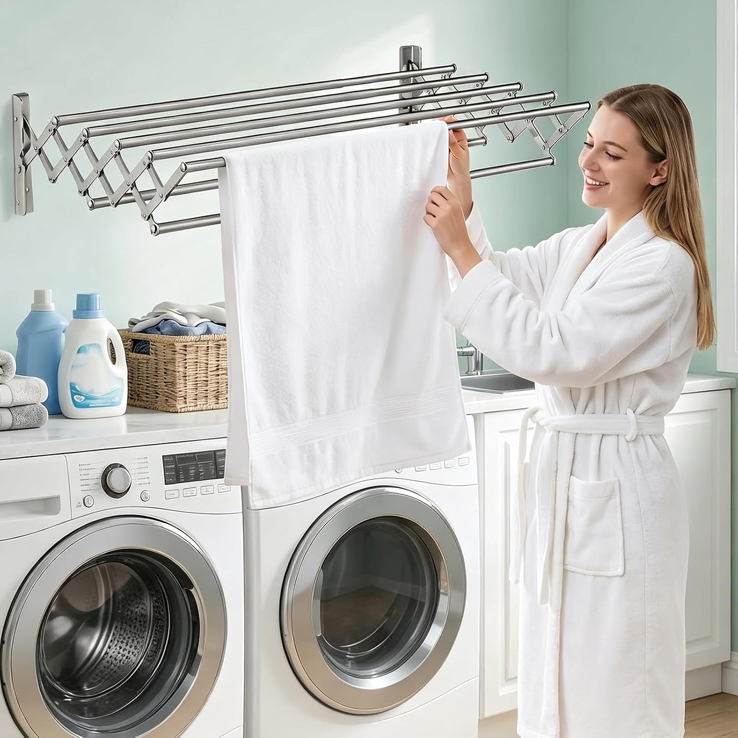 PureBox Wall Mount Drying Rack for Laundry Room, Retractable Stainless Steel Towel Bar, Collapsible Accordion Clothes Dryer, Space Saving Wall Mounted Laundry Rack for Bathroom, Balcony & RV