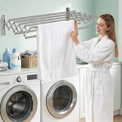 PureBox Wall Mount Drying Rack for Laundry Room, Retractable Stainless Steel Towel Bar, Collapsible Accordion Clothes Dryer, Space Saving Wall Mounted Laundry Rack for Bathroom, Balcony & RV