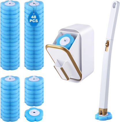 wlich Disposable Toilet Brush with 48 Refills, Bowl Toilet Brush with Wall Mounted Holder, Toilet Bowl Brush Set with Wand and Storage Box for Bathroom Cleaning