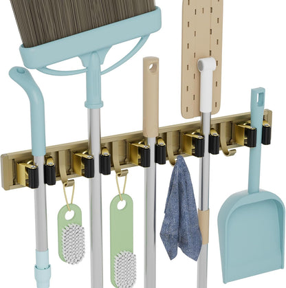 reliahom Broom Holder Wall Mount Mop Hanger Tools organizer 4Racks 5Hooks | Adjustable Mop Broom Wall Hanging Heavy duty Tools Storage Rack Space-saving for Garage,Kitchen,Laundry Room,Garden, Silver