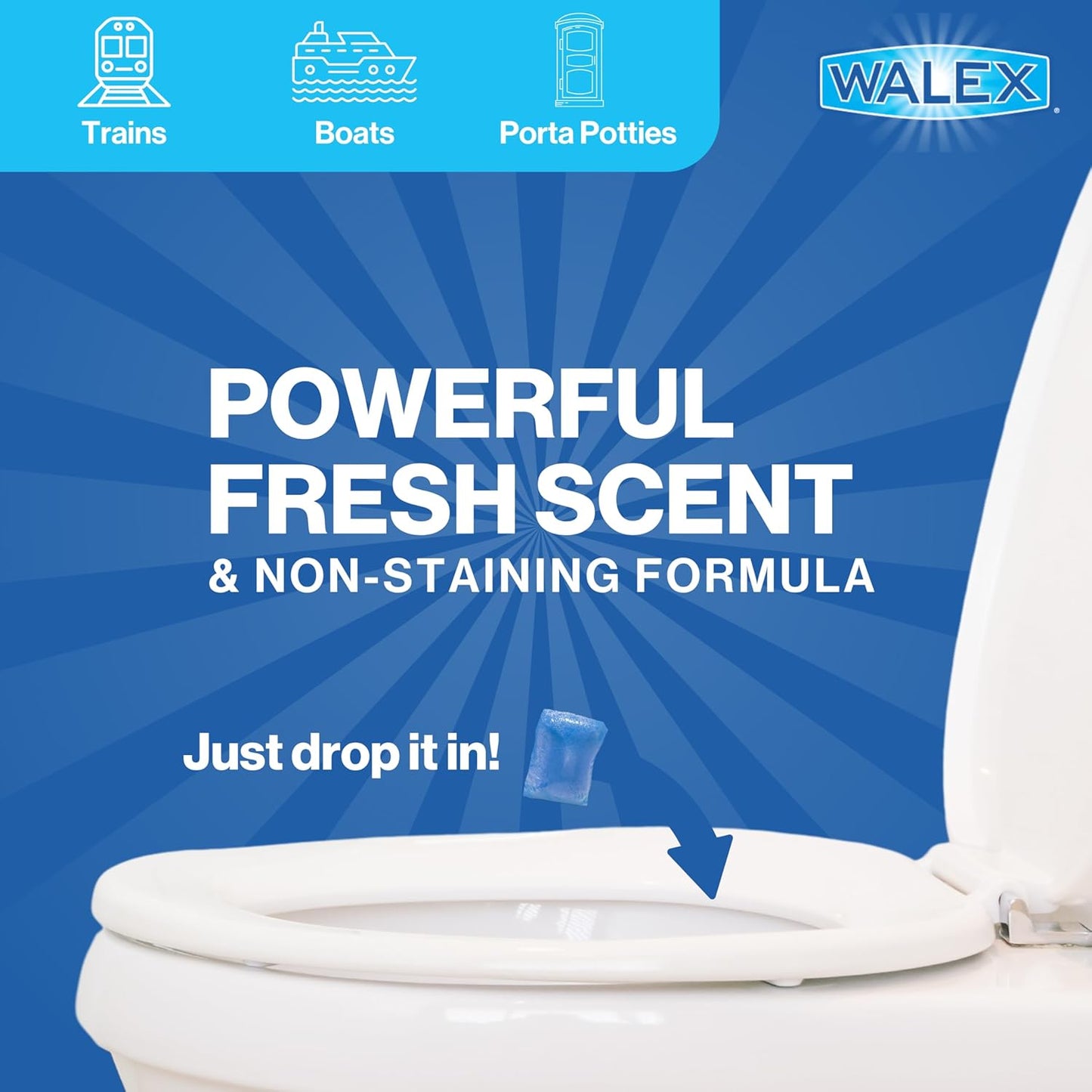 Walex Porta-Pak Black Holding Tank Deodorizer & Portion Control System Drop-Ins - Rapid Breakdown of Waste & Paper, Odor Prevention, Cleans Tank & Sensors - Lavender Breeze, 10-Pack