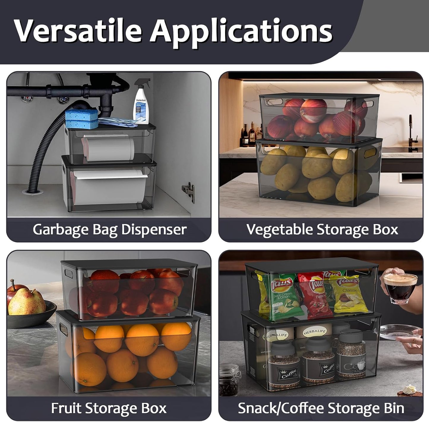 COAZEX 2 Pack Trash Bag Holder Under Sink Stackable, Plastic Garbage Dispenser with Lid, Trash Bag Storage Dispenser Roll Holder for Kitchen, Pantry, Laundry Room Organization