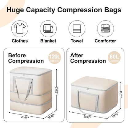 Comforter Storage Bag - 130L Large Capacity Blanket Storage Bags 4-Layer Ultra Space Saving Self Compression Organizer, Washable Compression Bags for Storage Comforter Blanket, 2-Pack, Beige