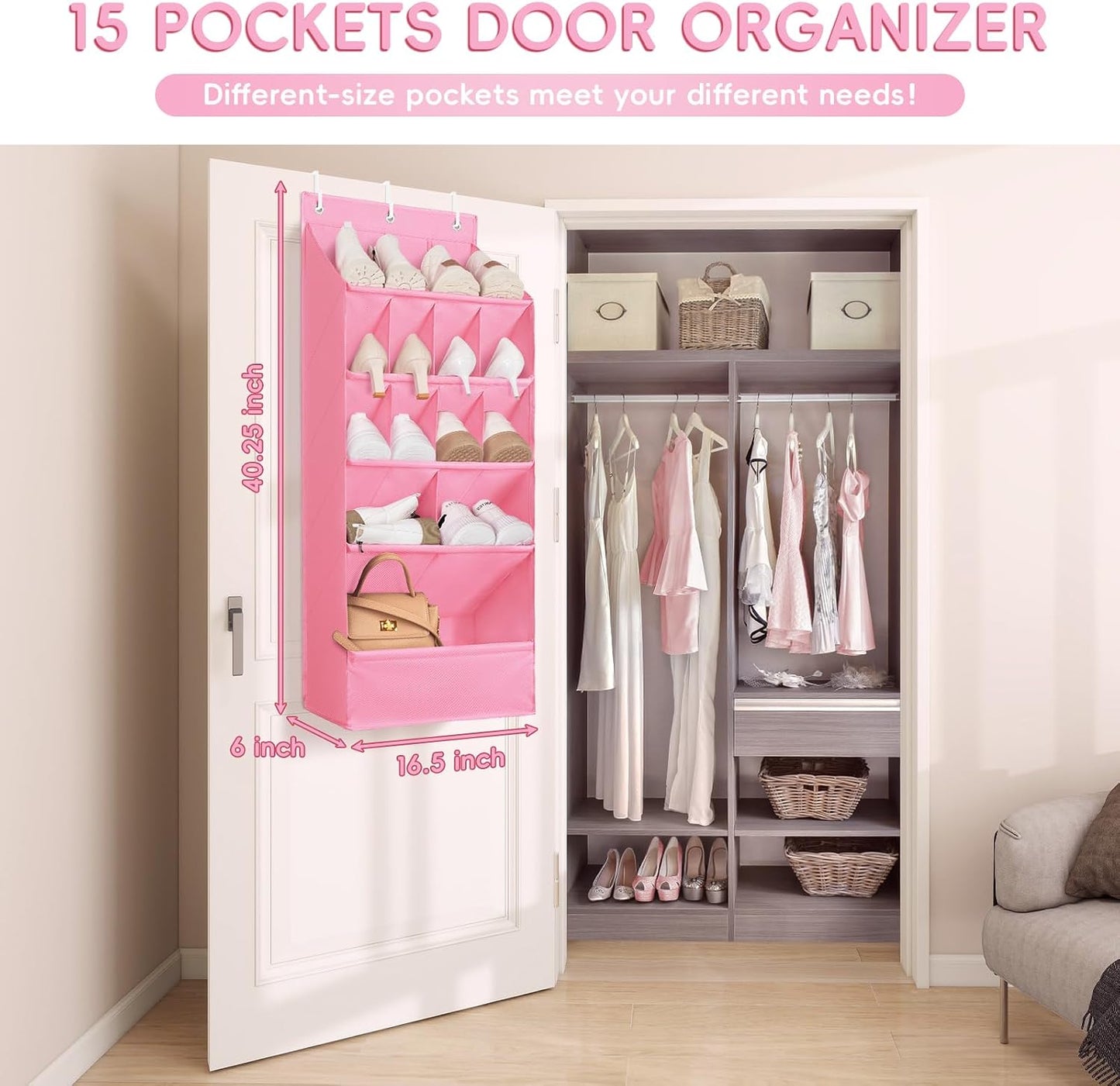 FENTEC 1 Pack Over-the-Door-Shoe-Organizers,Hanging Organizers with Large Pocket Shoe Holder Hanging Shoe Rack for Closet Shoe Organizer for Wall, Over Door Organizer with 15 Pockets Gray