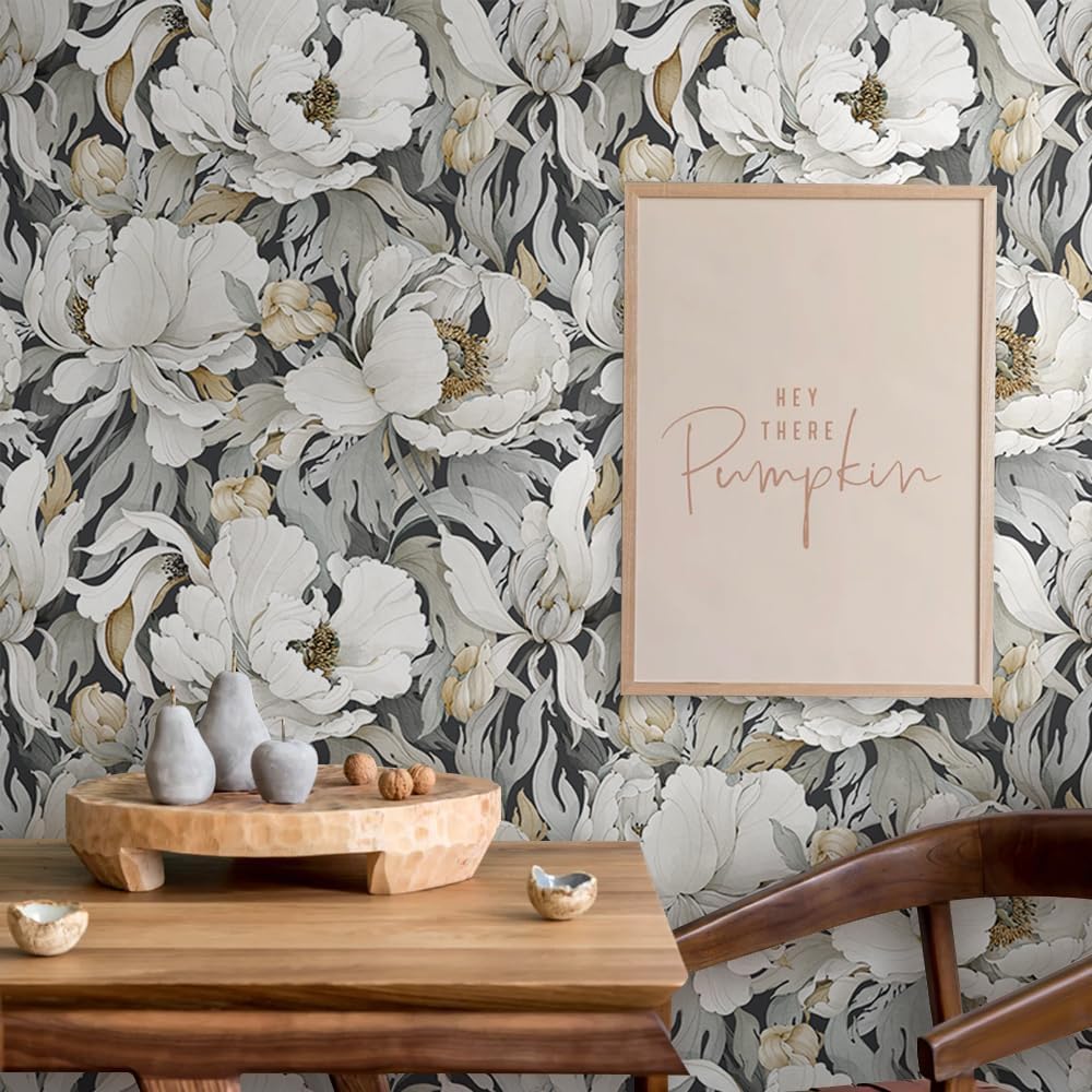 MuralPeel Dark Grey White Poppies Peony Floral Vintage Peel and Stick Wallpaper Self Adhesive Removable Easy Peel Off Stick on Wall Paper for Bedroom Cabinet Renter
