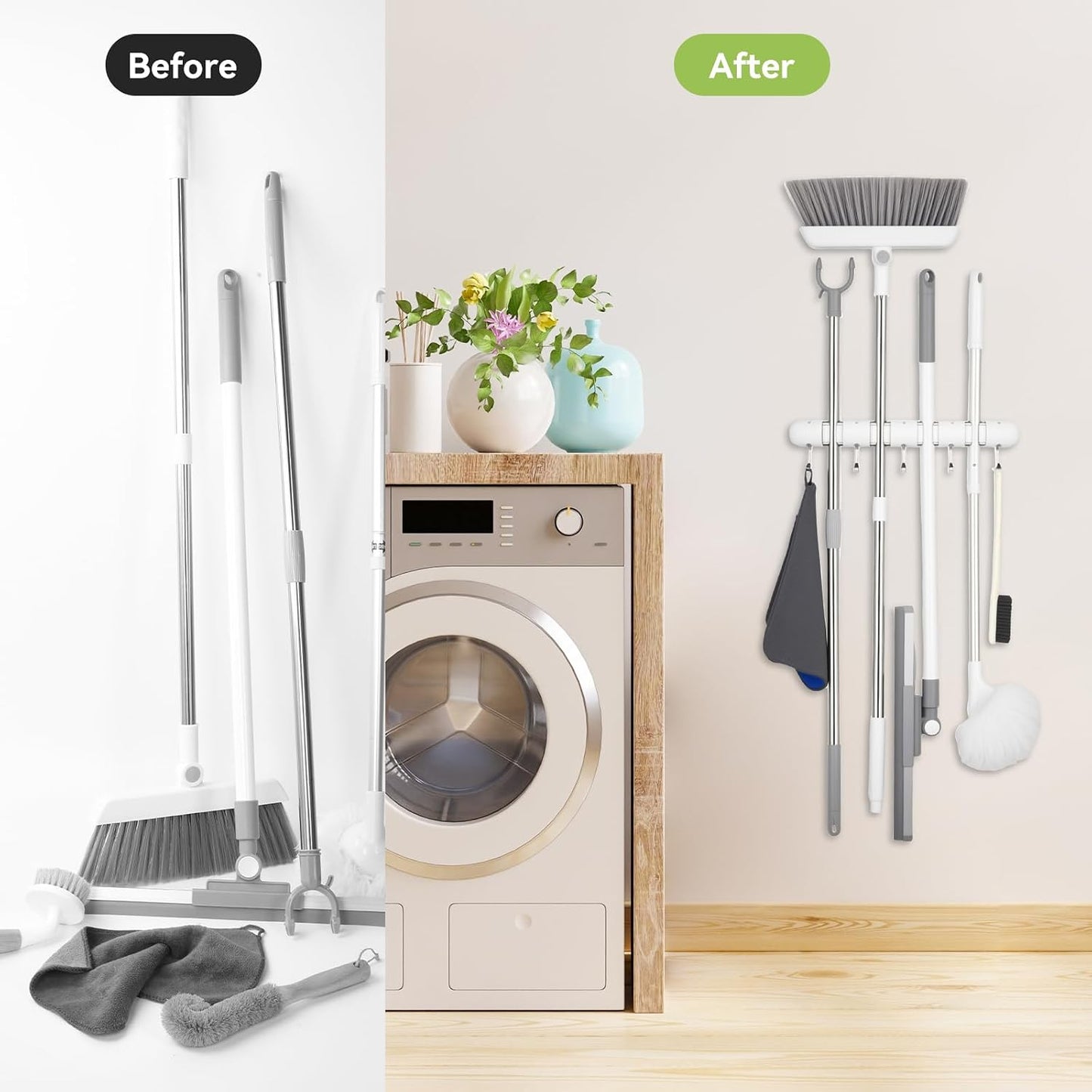 OTraki Broom Holder Wall Mount, No Drill Mop and Broom Organizer with 4 Slots and 5 Hooks, Garden Tool Hanger for Laundry Room Closet Kitchen Garage Storage and Organization