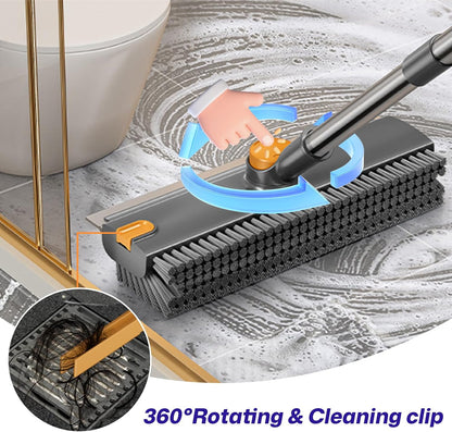 3-in-1 Floor Scrub Brush with Long Handle, Scrape and Heavy-Duty Stiff Bristle Floor Scrubber Brush with Squeegee and Tweezer for Cleaning Tile Kitchen Wall Deck Bathroom Patio Garage