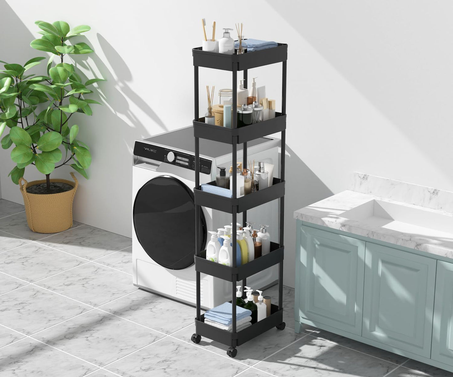 Sooyee 3 Tier Rolling Cart with Wheels, Slim Storage Cart, Under Desk Narrow Rolling Utility Cart Storage Organizer for Office Bathroom Kitchen Laundry Room Narrow Places, White, Plastic and Metal