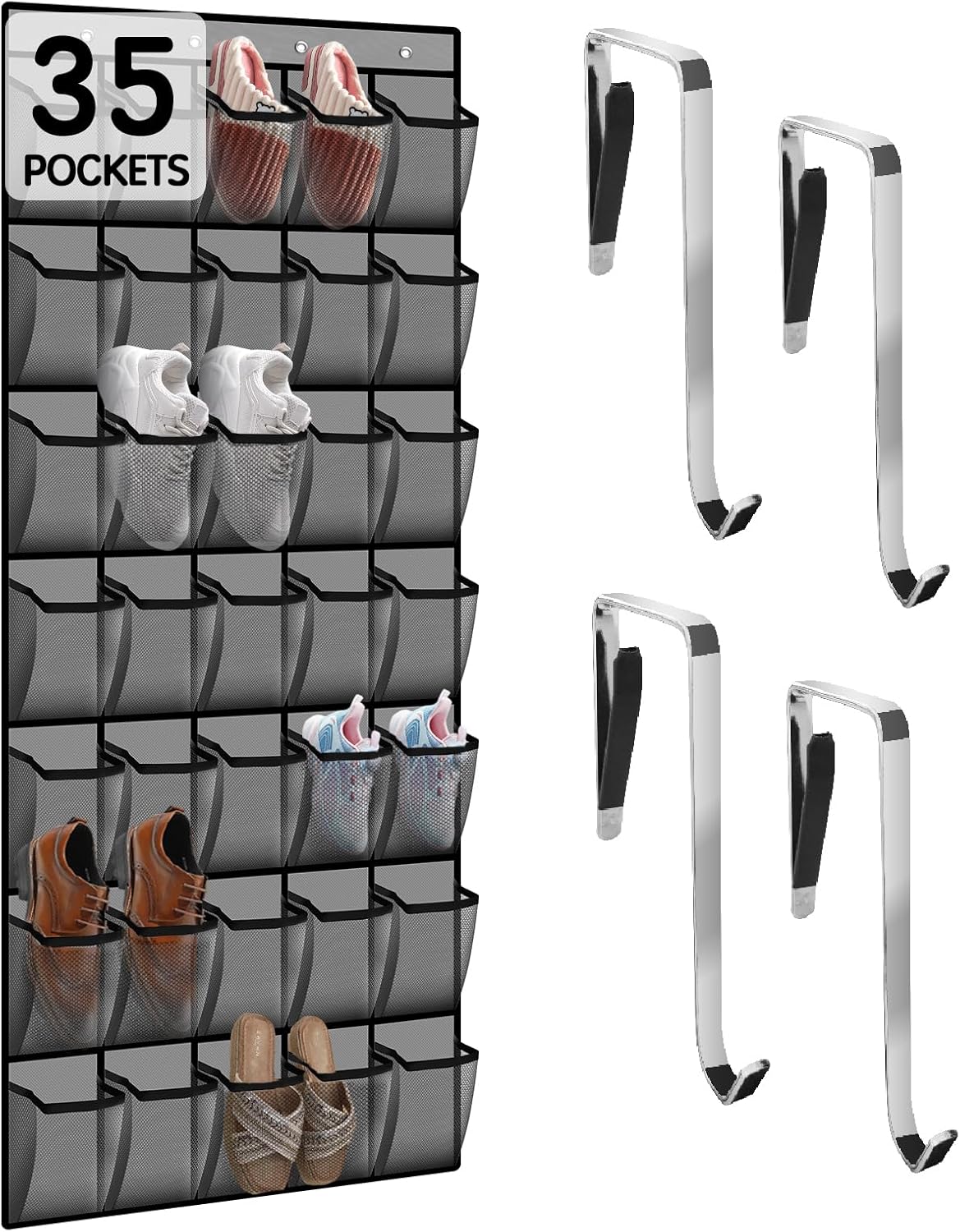 Kotkn 35 Compartment Over The Door Storage - Breathable Mesh Hanging Organizer with Large Pockets, Space Saving Design for Men & Women's Footwear, Closet, Bedroom （White）