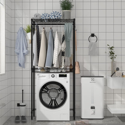 Xiofio Washer and Dryer Storage Shelf,Clothes Drying Rack,2 Tier Adjustable Height Storage Wire Basket with 2 Side Hook Laundry Shelves Used for Bathroom, Bedroom,Balcony,Black