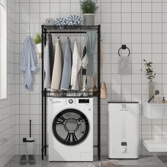Xiofio Washer and Dryer Storage Shelf,Clothes Drying Rack,2 Tier Adjustable Height Storage Wire Basket with 2 Side Hook Laundry Shelves Used for Bathroom, Bedroom,Balcony,Black