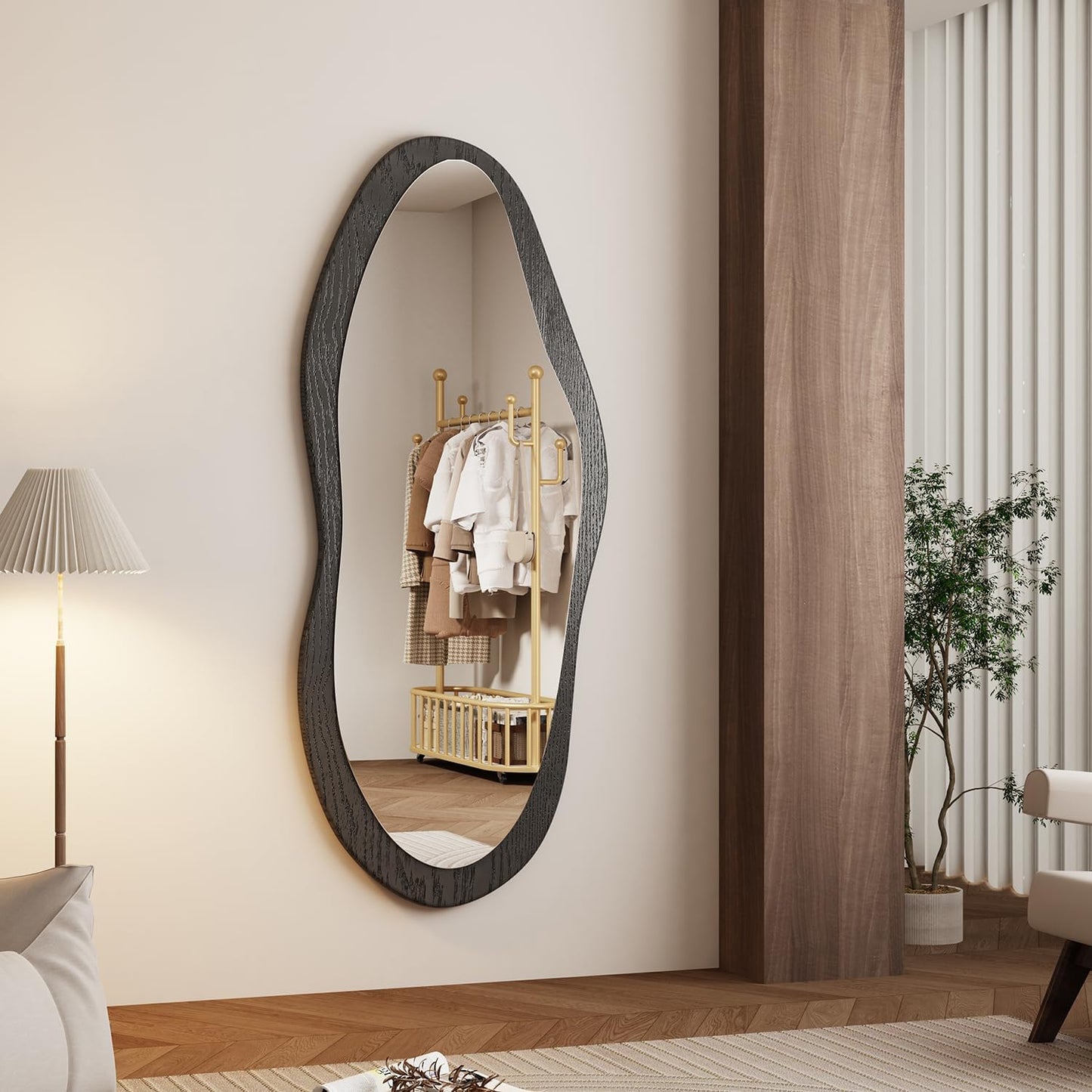 AAZZKANG Irregular Wall Mirror Full Length Black Wood Framed Large | 47"x20" Asymmetrical Full Body Mirrors for Bedroom Living Room Entryway