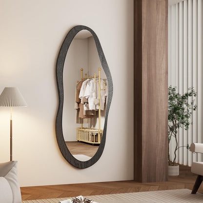 AAZZKANG Irregular Wall Mirror Full Length Black Wood Framed Large | 47"x20" Asymmetrical Full Body Mirrors for Bedroom Living Room Entryway