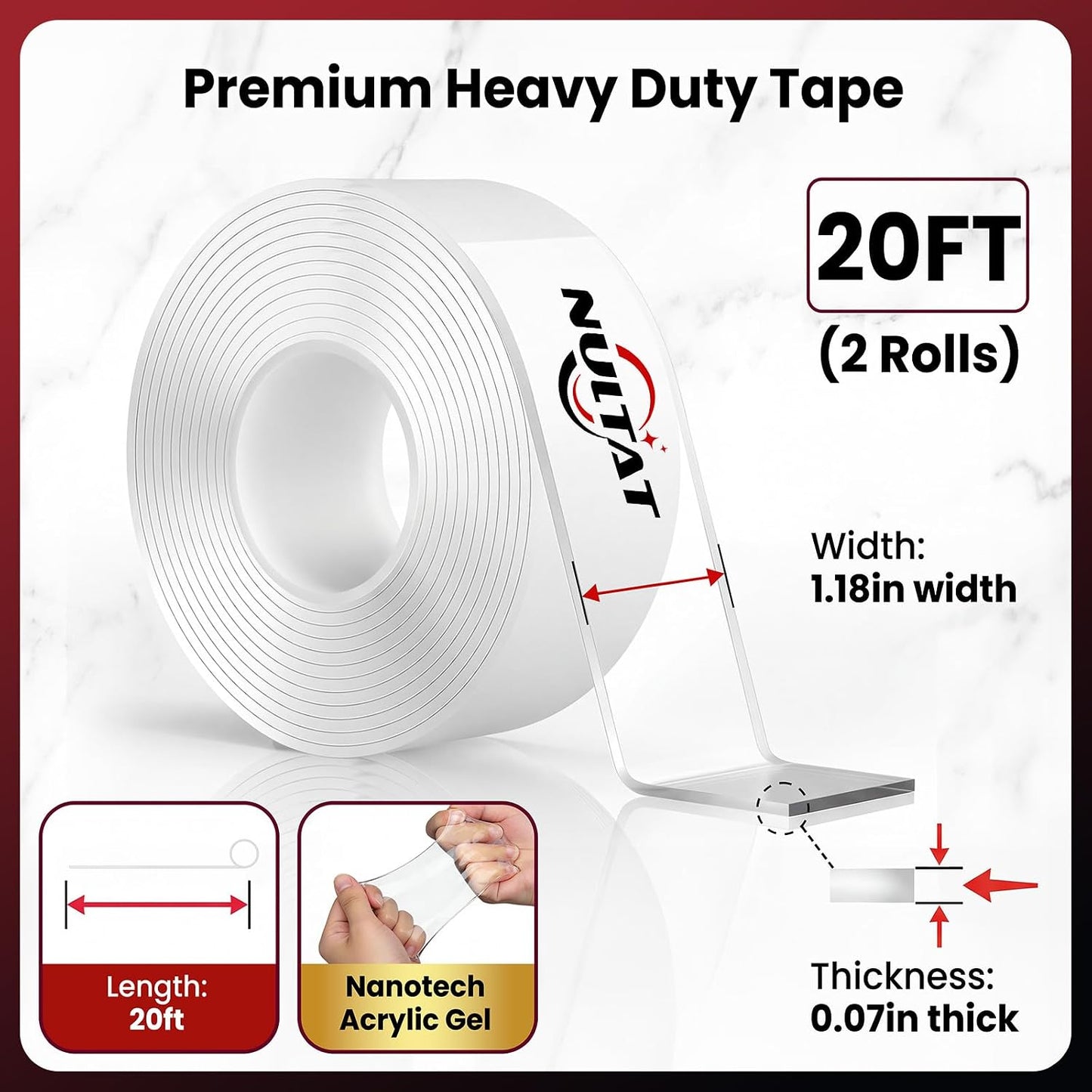 NULTAT Double Sided Tape Heavy Duty, Nano Reusable, Removable, Washable Double Stick Tape for Wall, Multipurpose Clear Adhesive High Temperature Tape 1.18" x 120"(10 Feet)