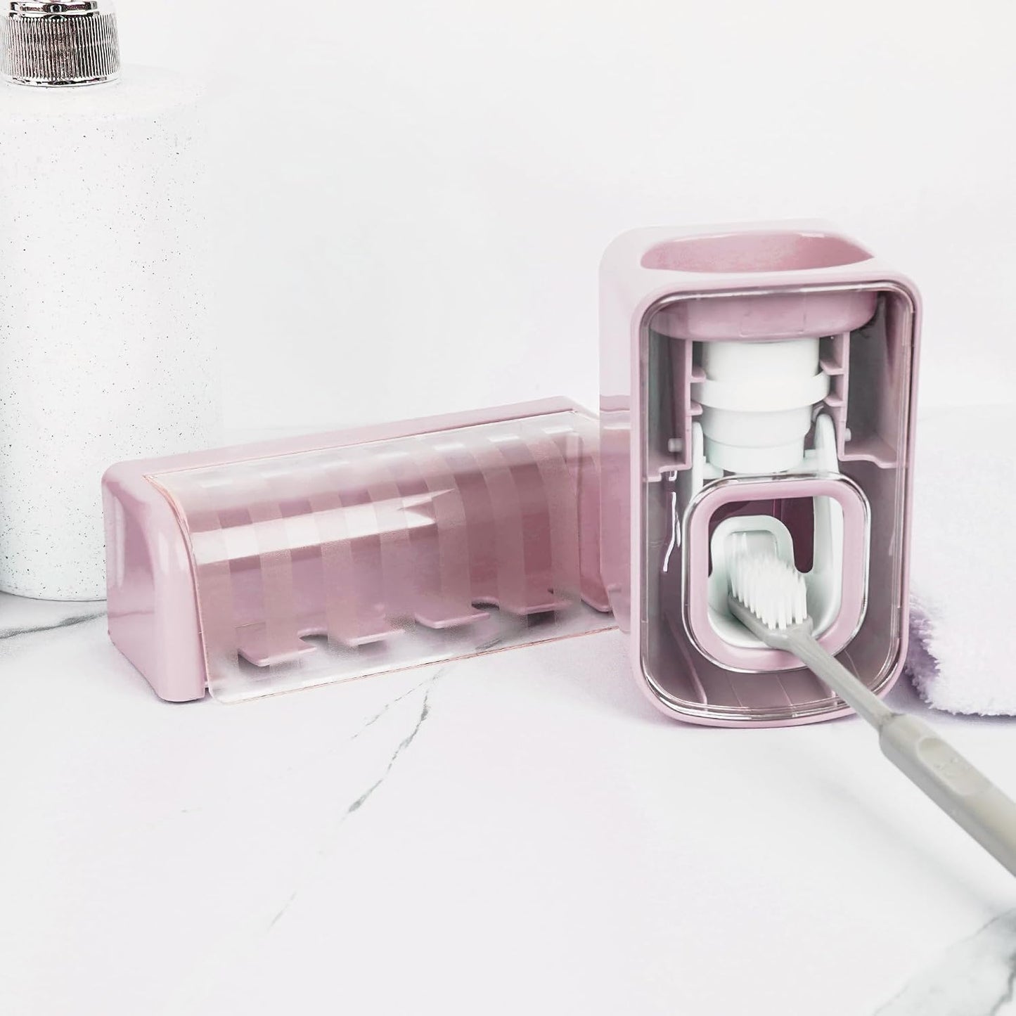 5 Slots Wall Mount Toothbrush Holder with Cover, Self Adhesive Toothbrush Storage Organizer for Shower, Toothbrush Hanger with Automatic Toothpaste Squeezer Dispenser