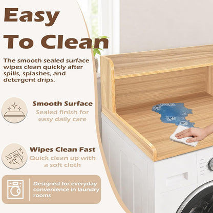 Royxen Laundry Countertop with 2-Tier Shelf Universal Fit, Washer and Dryer Countertop with Storage Space, Shelf Height 11.5 Inches, Solid Wood Core, Oak