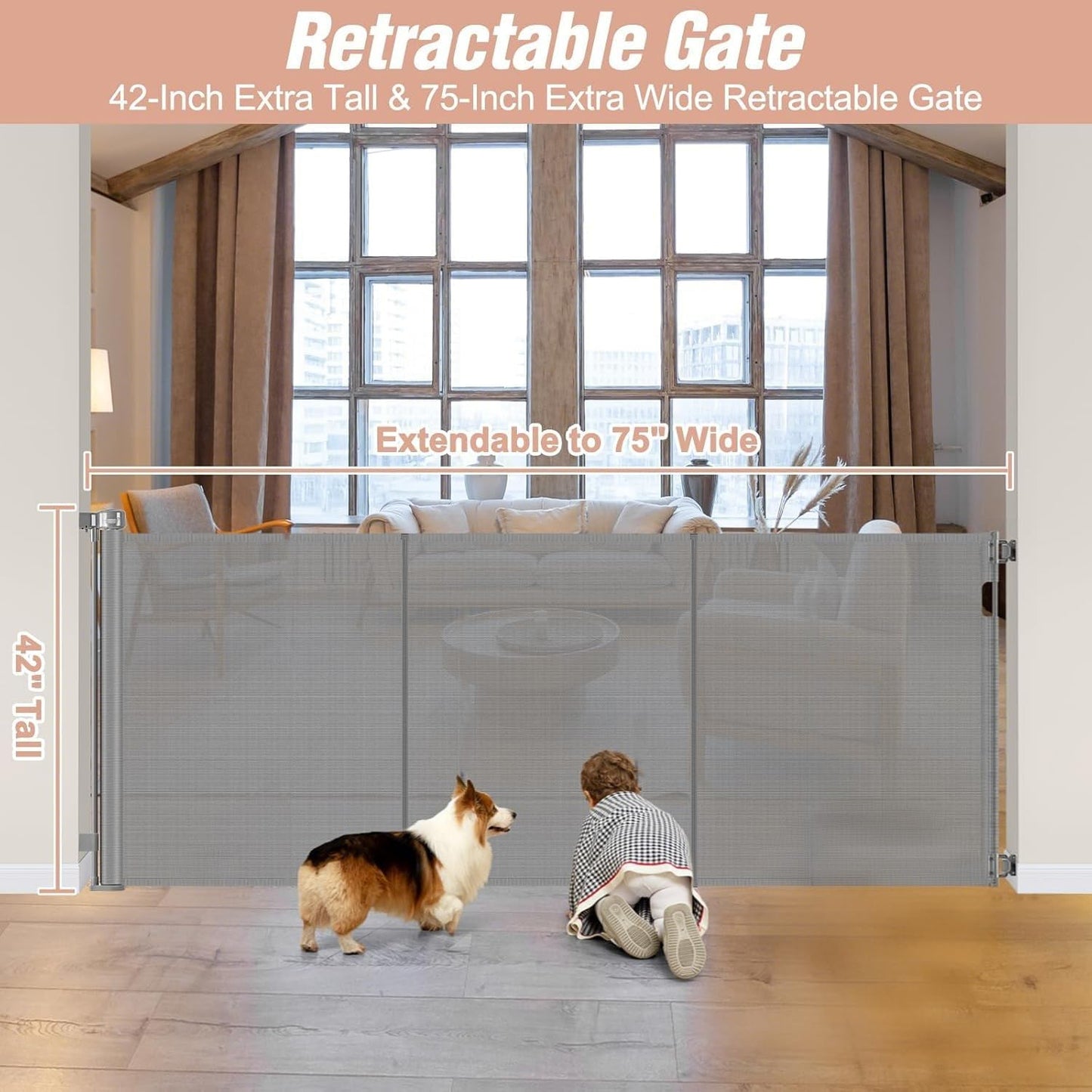 Newly Enhanced - 42" Tall × 120" Extra Wide Retractable Baby Gate Keeps Pets from Getting Under Tall Dog Gate, Indoor/Outdoor Baby Gates for Dogs, Retractable Dog Gate for Large Openings, White