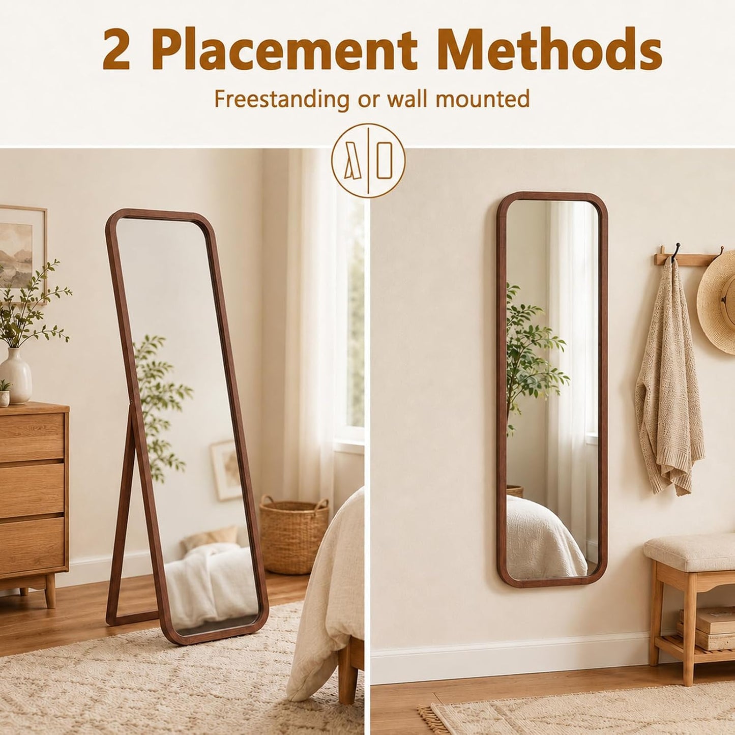 Anwick Full Length Floor Mirror Wood Frame Standing Mirror Walnut 63 in | Solid Wood Frame, Clear Float Glass, Adjustable Stand or Wall Mount, Rounded Walnut Finish for Bedroom or Dressing Room