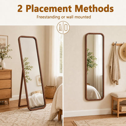 Anwick Full Length Floor Mirror Wood Frame Standing Mirror Walnut 63 in | Solid Wood Frame, Clear Float Glass, Adjustable Stand or Wall Mount, Rounded Walnut Finish for Bedroom or Dressing Room