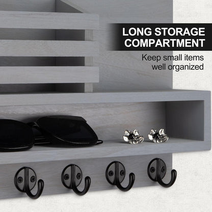 Key and Mail Holder Wall Mount, Key Hanger with Long Storage Box and 5 Hooks for Coat, Dog Leash, Home Decor Rack, House Accessories, Entry Way Organizer 11.8”W x 7.8”H x 3.2”D
