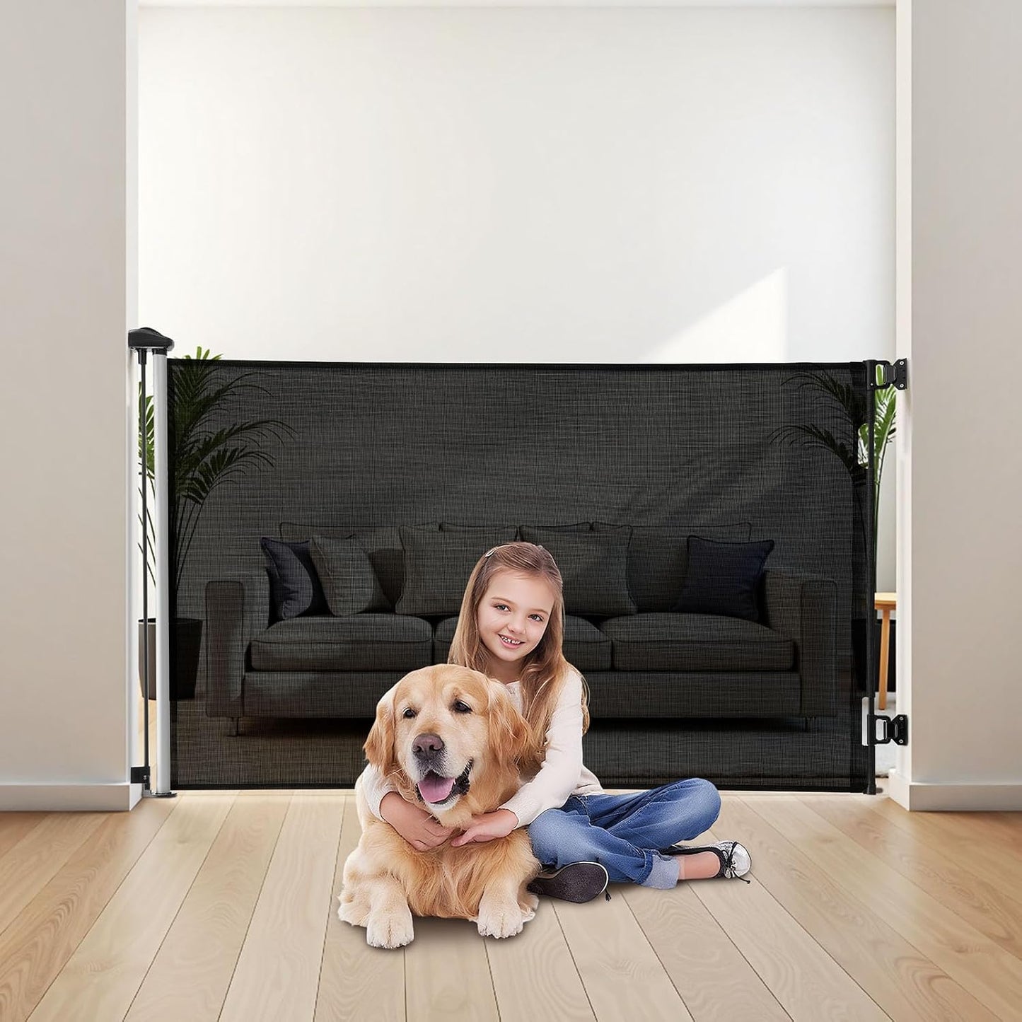 VEVOR Retractable Baby Gate, Extends to 202.7 inch Extra Wide, 39 inch Tall, with Reinforced Fiberglass Strips, Avoids Crawling Through, Mesh Dog Gate for Decks, Doorways, Garages, Indoor, Black