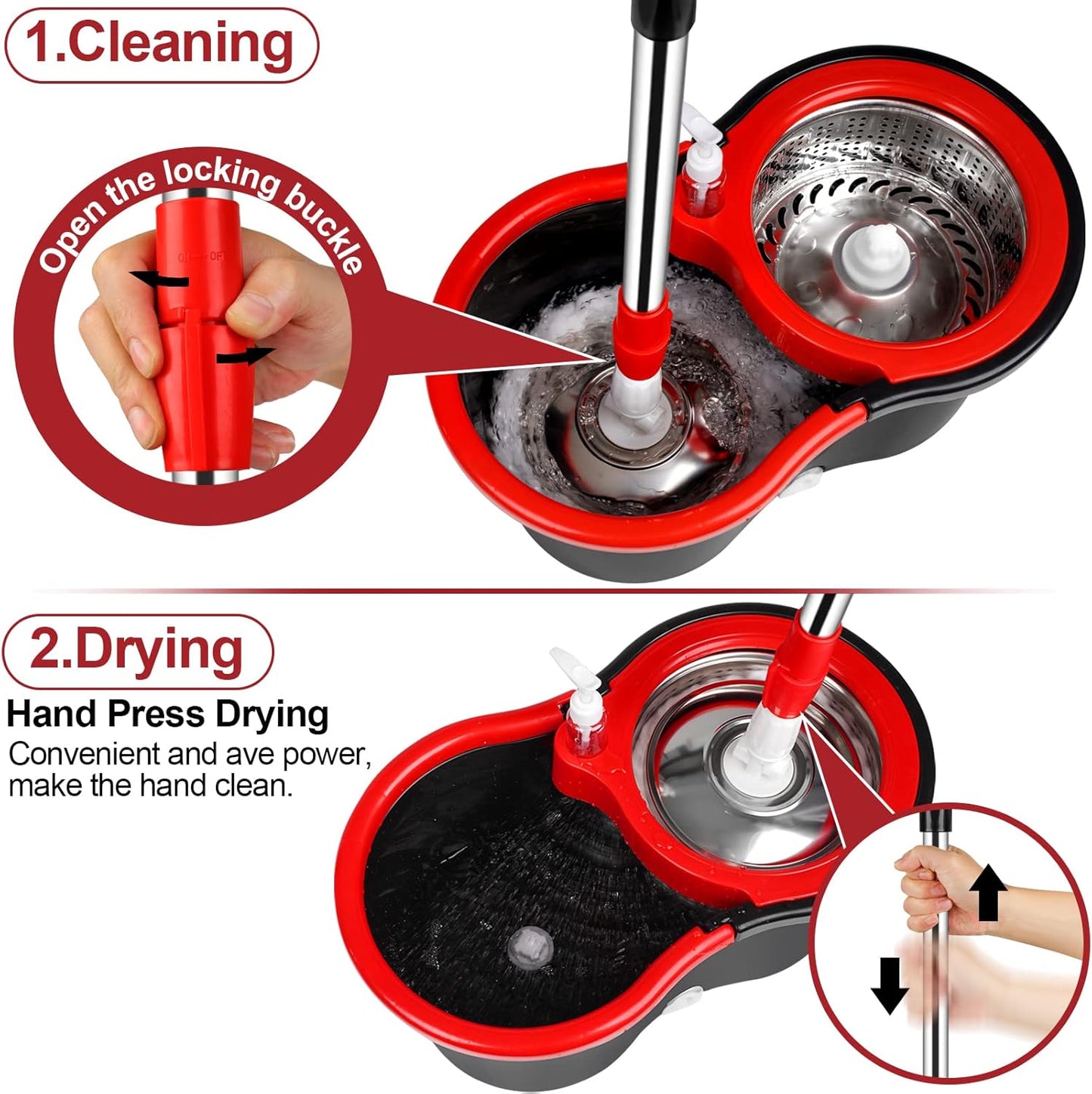 Spin Mop and Bucket with Wringer Set, 360° Spinning Mop Bucket System with 3 Microfiber Mop Replacement Heads and 50" Stainless Steel Adjustable Handle for Floor Cleaning