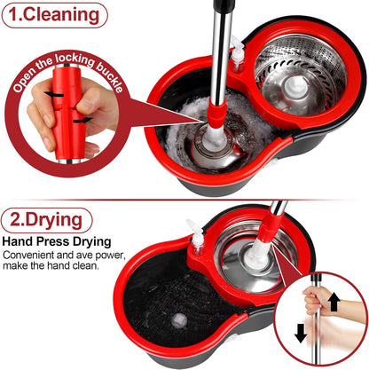 Spin Mop and Bucket with Wringer Set, 360° Spinning Mop Bucket System with 3 Microfiber Mop Replacement Heads and 50" Stainless Steel Adjustable Handle for Floor Cleaning