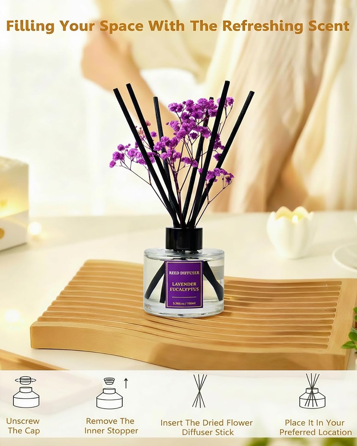 Reed Diffuser Set-Lemon Verbena Scent Fragrance Oil Diffuser with 6 Reed Sticks | Home & Bedroom Bathroom Decor,3.38 fl oz (100ml)