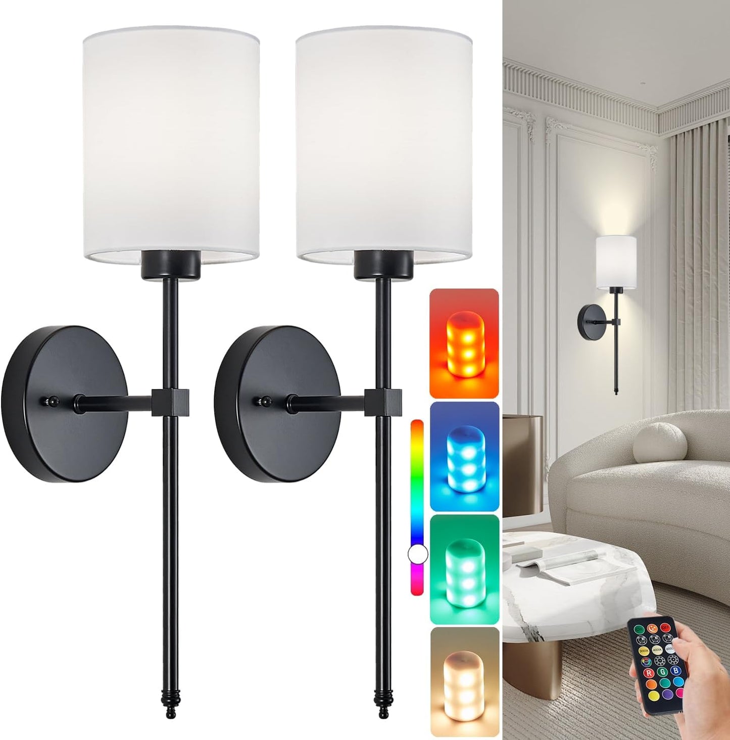 Battery Operated Wall Sconce Set of 2, Brushed Gold Rechargeable Wall Lights with Remote Control and Dimmable LED Bulbs, 13 Light Colors Wireless Wall Lamps for Bedroom Living Room Hallway (Gold)