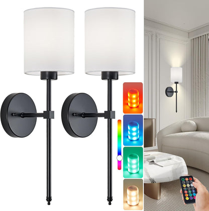 Battery Operated Wall Sconce Set of 2, Brushed Gold Rechargeable Wall Lights with Remote Control and Dimmable LED Bulbs, 13 Light Colors Wireless Wall Lamps for Bedroom Living Room Hallway (Gold)