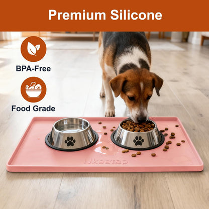 ukeetap Extra Thick Silicone Mat Waterproof with Raised Edge 19” x 12”, BPA Free Non-Slip Dog & Cat Food Mat, Feeding Mat for Food and Water Bowls, Spill Proof Mat to Protect Floors, Black