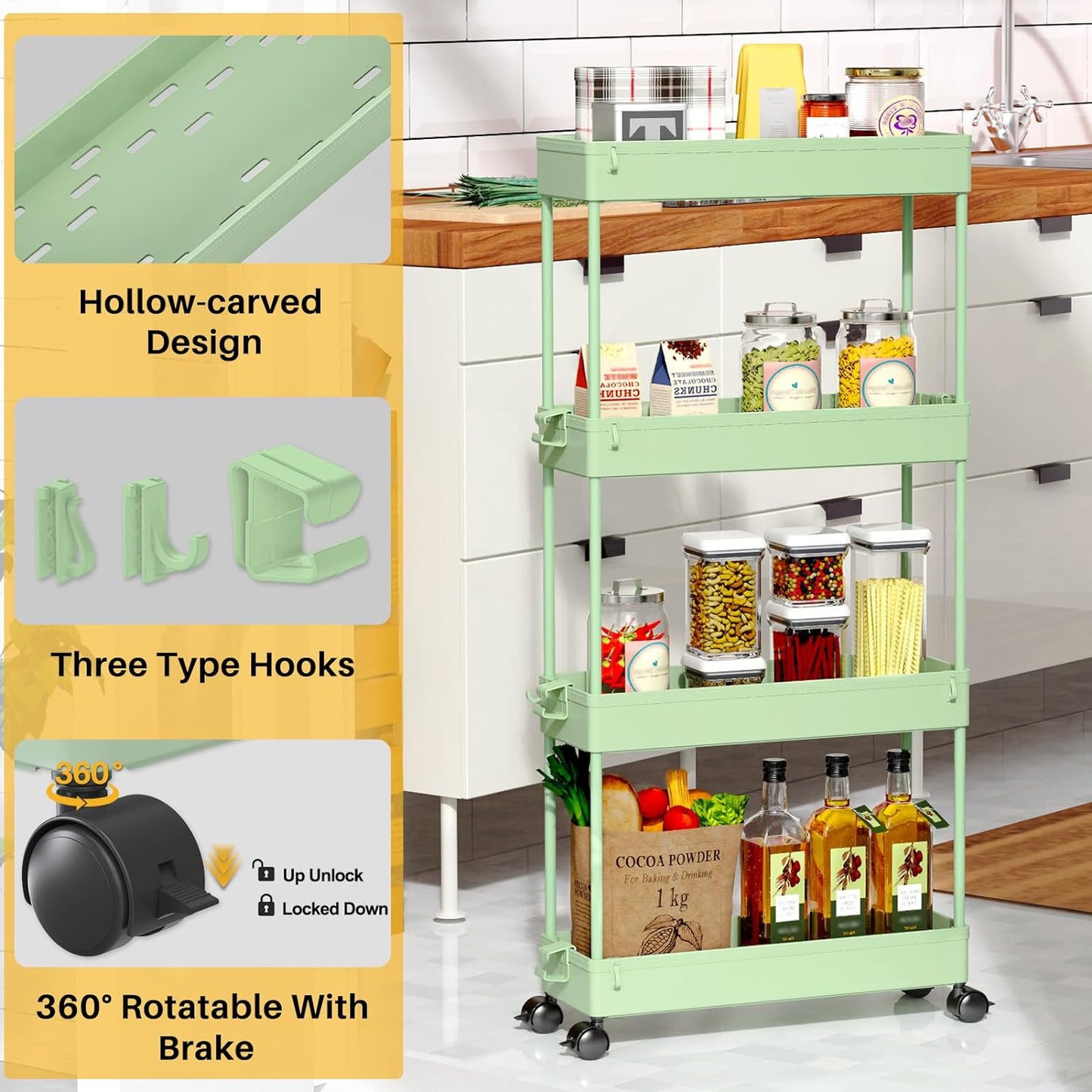 SPACEKEEPER Slim Rolling Storage Cart 4 Tier Bathroom Organizer Cart Mobile Shelving Unit Slide Out Utility Cart for Kitchen, Bthroom, Makeup, Craft, Laundry Narrow Places, Black