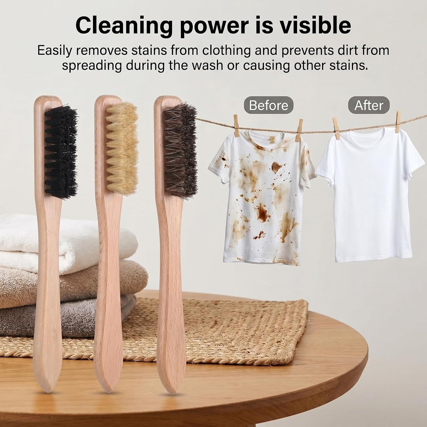 Gjinxi 3pcs Wood Laundry Stain Brush Set Tough Stain Remover Boar Bristle Brushes for Cleaning Clothes Furniture Fabric Leather Sofas Knits Cotton Linens Shoes Car Seats Boots Bags Hat Cashmere Wool