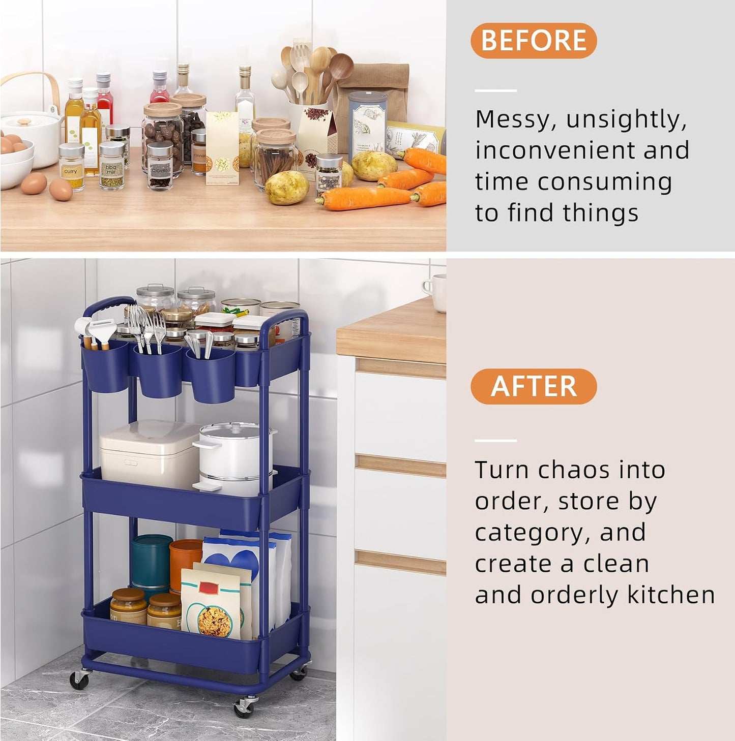 JIUYOTREE 4-Tier Plastic Rolling Storage Cart Utility Cart with Extra Hanging Cups Handles Lockable Wheels for Living Room Bathroom Kitchen Office White