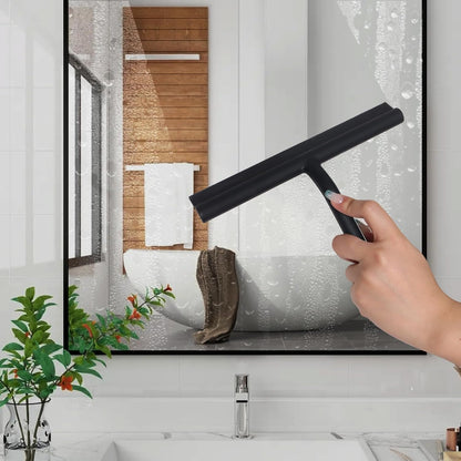 Squeegee for Shower Glass Doors, Resilient Loop - No-Drill & Adhesive Hook, Silicone Shower Squeegee with Stainless Steel Core, Cleaning Tool for Home, Kitchen, Bathroom & Car - Black