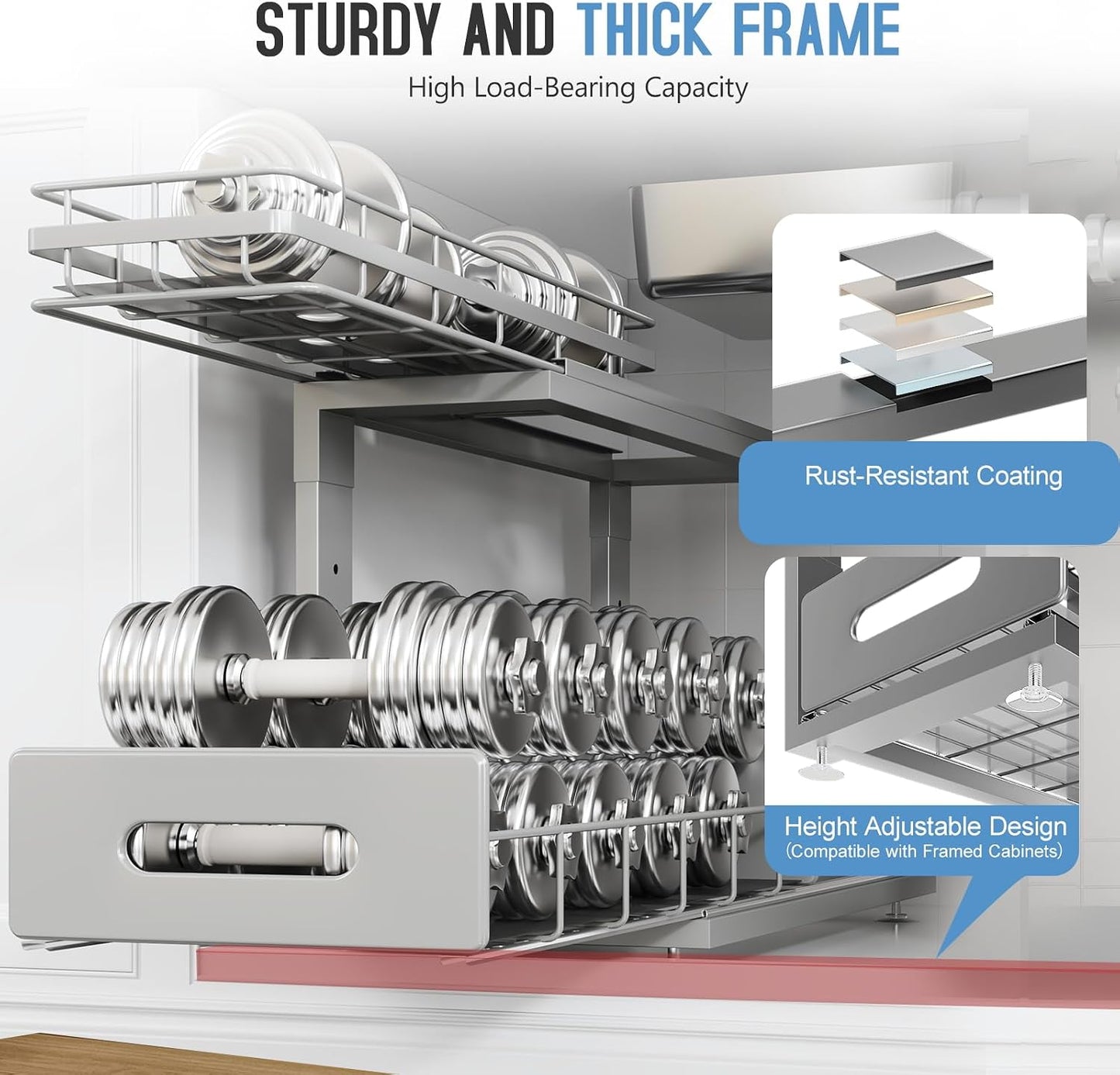 Under Sink Organizer Upgrade To Professional Rails,2-Tier Dual Pull Out Cabinet Storage,Height Adjustable Slide Out Drawers For Bathroom Kitchen,2 Pack-14.5" Dx12.8-16.9" H,White