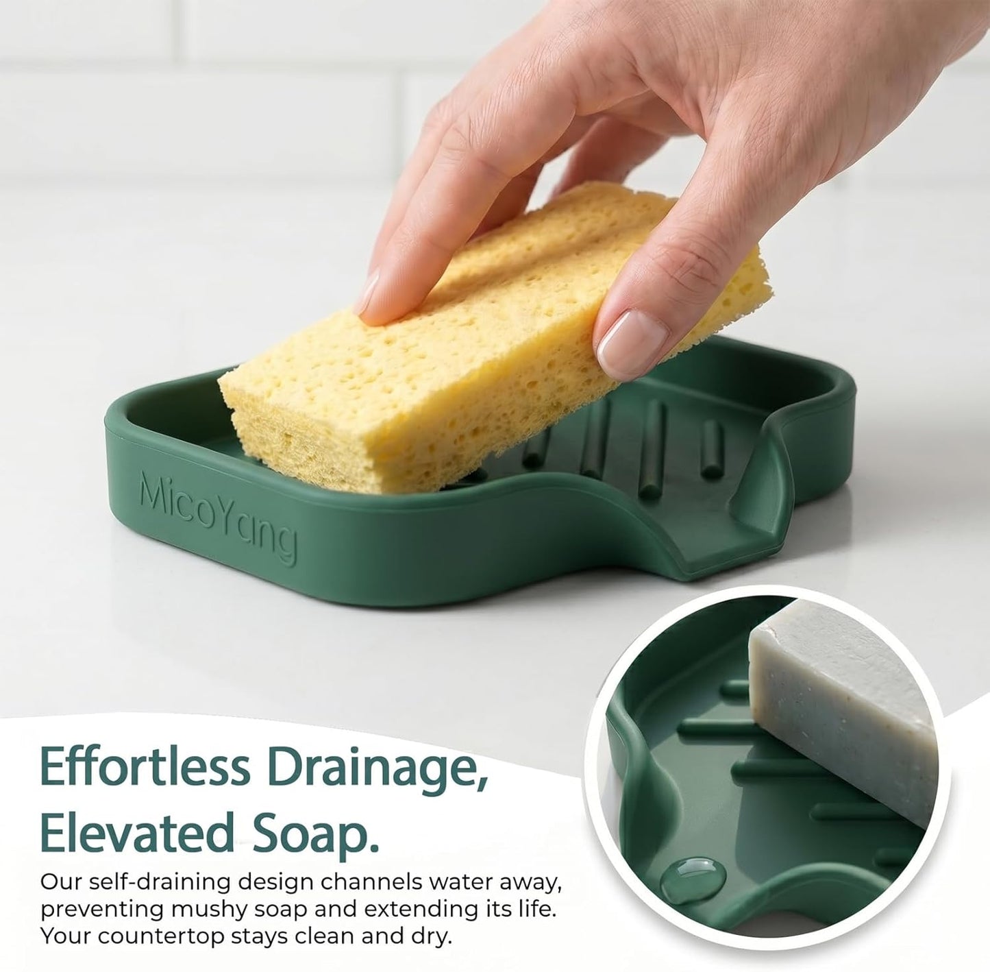 MicoYang Silicone Bathroom Soap Dishes with Drain Spout-Bathroom and Kitchen Sink Organizer,Sponge Holder,Dish Soap Tray,Perfect for Dispenser,Scrubber,Bottle,Cup on Sink or Counter-Coffee 4.9"×3.2"