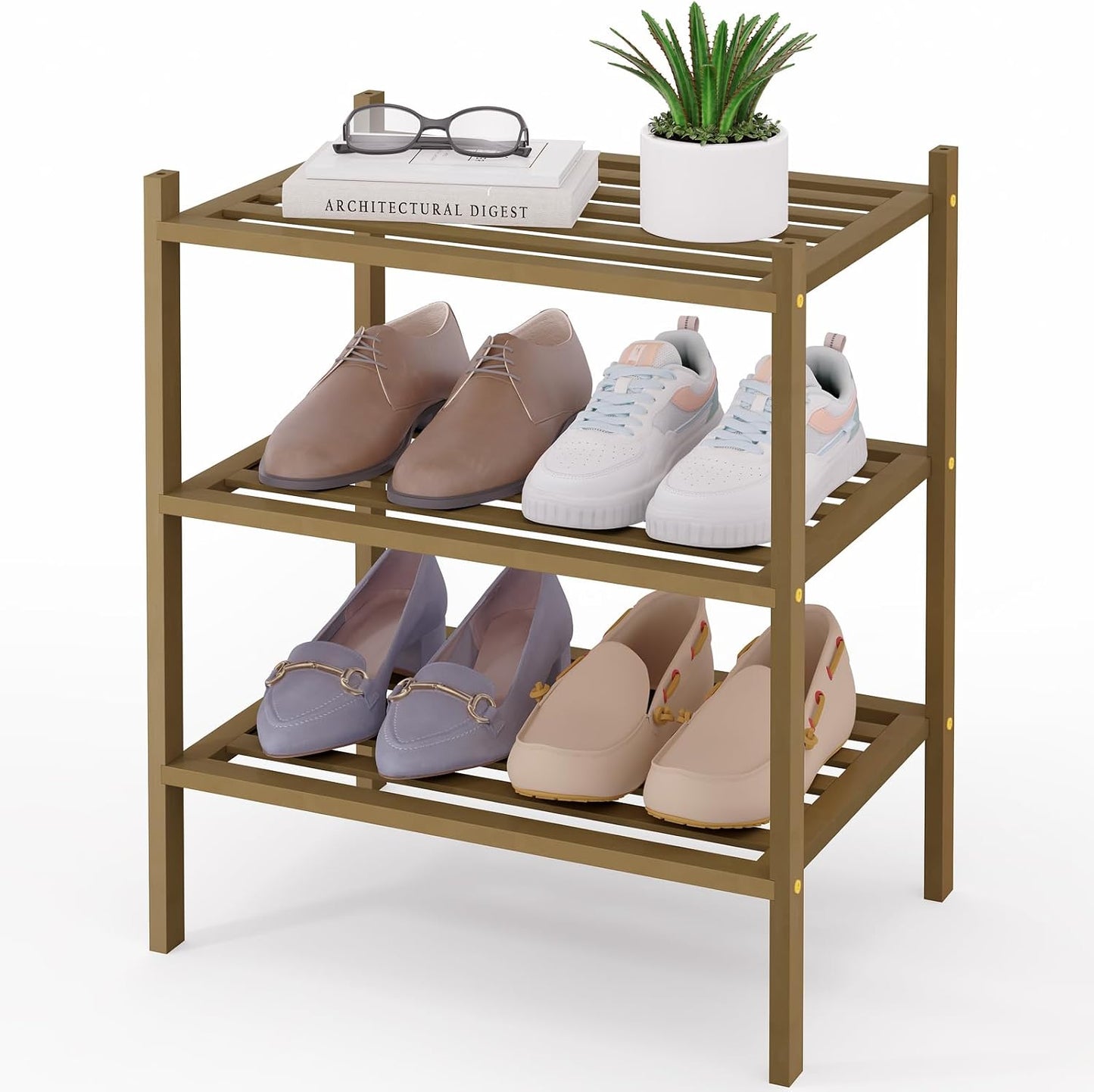 Smiry Bamboo Shoe Rack, 3 Tier Free Standing Wooden Shoe Organizer, Stackable Wood Shoe Storage Shelf for Closet, Entryway, 5 Horizontal Slats, 26.8"x11"x18.3", Natural