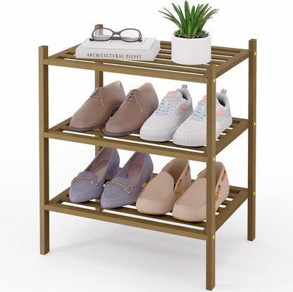 Smiry Bamboo Shoe Rack, 3 Tier Free Standing Wooden Shoe Organizer, Stackable Wood Shoe Storage Shelf for Closet, Entryway, 5 Horizontal Slats, 26.8"x11"x18.3", Natural