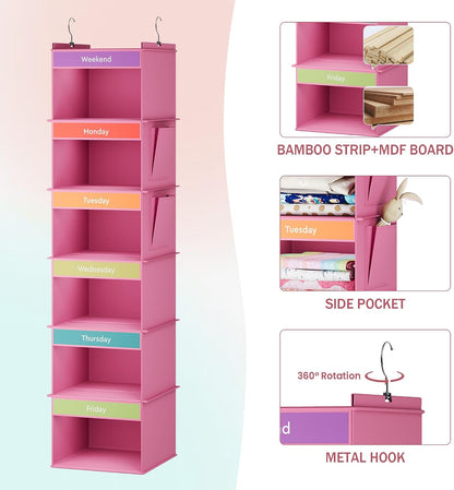 YOUDENOVA 6-Shelf Weekly Hanging Closet Organizer, Weekly Clothes Organizers for Kids with 2 Side Pockets, Pink