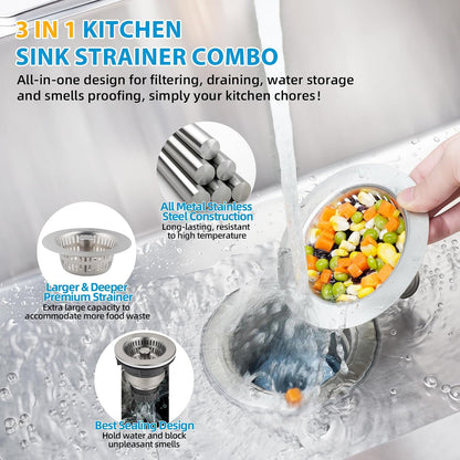 Hibbent Upgraded 3 In 1 Kitchen Sink Drain Strainer and Stopper Combo Assembly Kit, Stainless Steel Larger Anti-Clogging Basket, Pop Up Stopper Plug for US Standard 3-1/2 Inch, Brushed Nickel