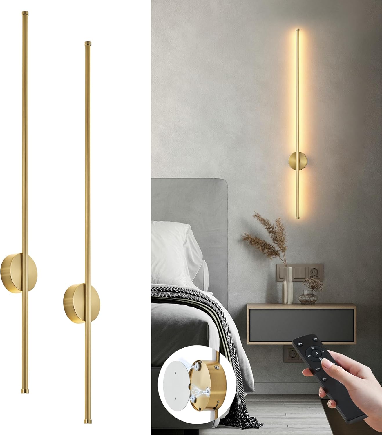 Battery Operated Modern Wall Sconces, Dimmable Wireless Wall Light Set of Two with Remote Control, 3 Color Temperatures, Rechargeable LED Wall Sconce for Bedroom, Living Room, Hallway, 23.6 Inch Brass