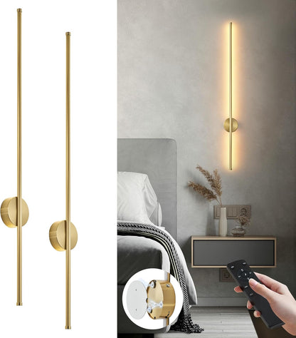 Battery Operated Modern Wall Sconces, Dimmable Wireless Wall Light Set of Two with Remote Control, 3 Color Temperatures, Rechargeable LED Wall Sconce for Bedroom, Living Room, Hallway, 23.6 Inch Brass