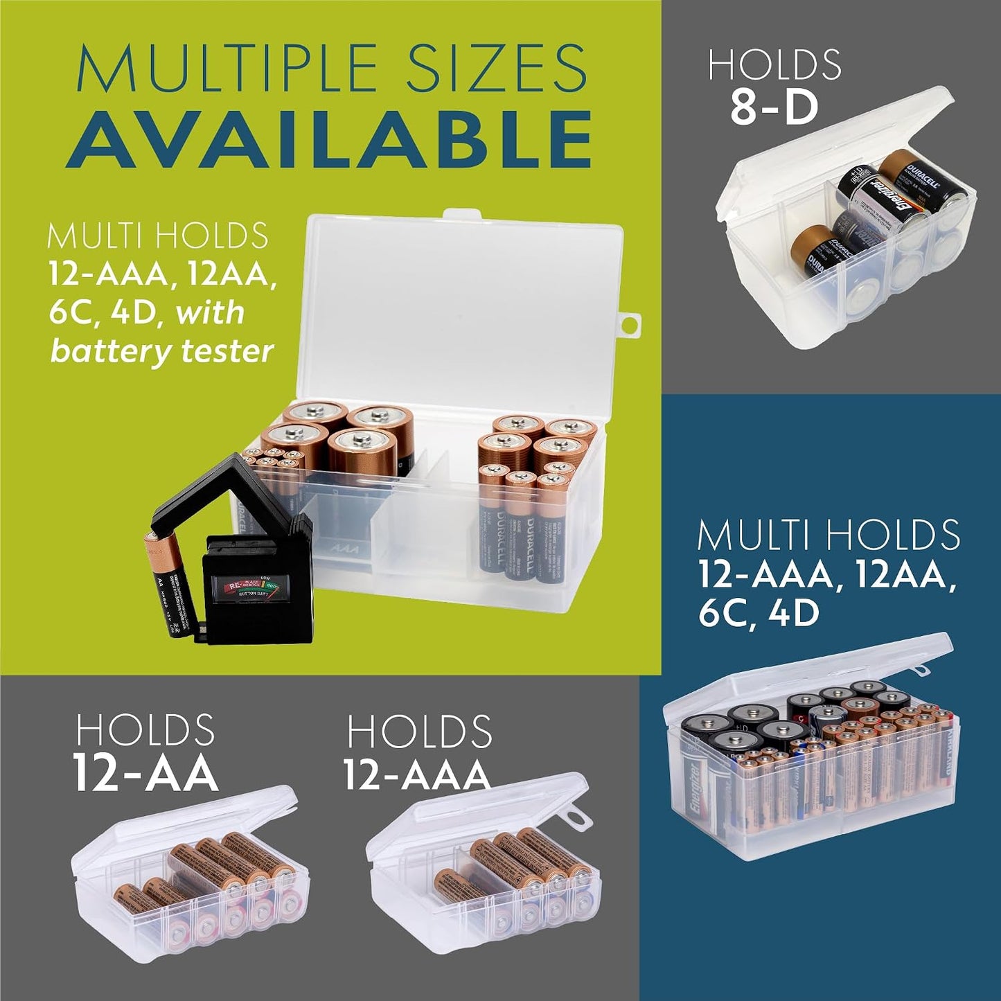 Dial Industries Battery Organizer Case with Tester for 12 AAA 12 AA 6C 4D | Compact cases for organizing in garage, toolboxes, RVs etc. Clear cases so easy to find in emergencies vs loose in drawer.