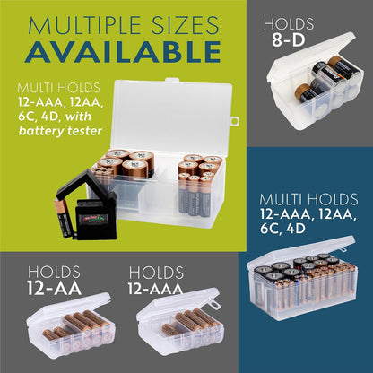 Dial Industries Battery Organizer Case with Tester for 12 AAA 12 AA 6C 4D | Compact cases for organizing in garage, toolboxes, RVs etc. Clear cases so easy to find in emergencies vs loose in drawer.