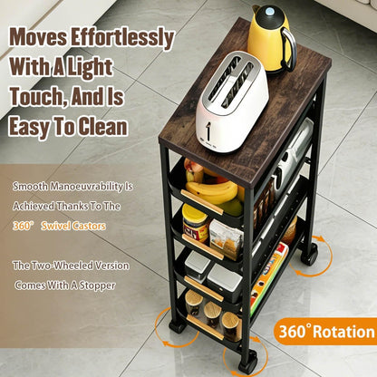 Slim Storage Cart with Wheels Pull-Out 5-Tier Rolling Storage Cart | narrow black 8.07in Wide, Mesh Baskets with Raised Edge, Wood-Grain Top, 360° Lockable Casters, Easy Assembly