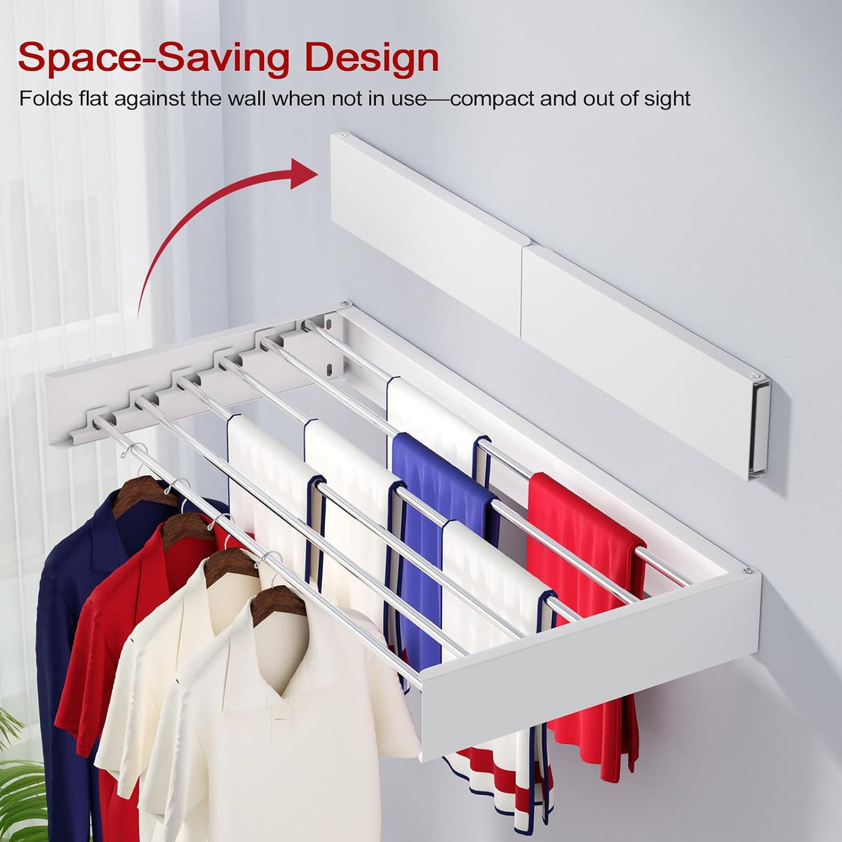 Wall Mounted Drying Rack 31.5", Foldable Laundry Drying Rack with Stainless Steel Rods, Retractable Laundry Space Saver for Indoor & Outdoor Use, Include Wall Template